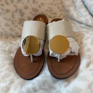 Tory Burch Cream Leather Gold Platos Disc Sandals